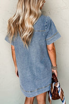 Short Sleeve Collared Patched Pocket Denim Mini Dress
