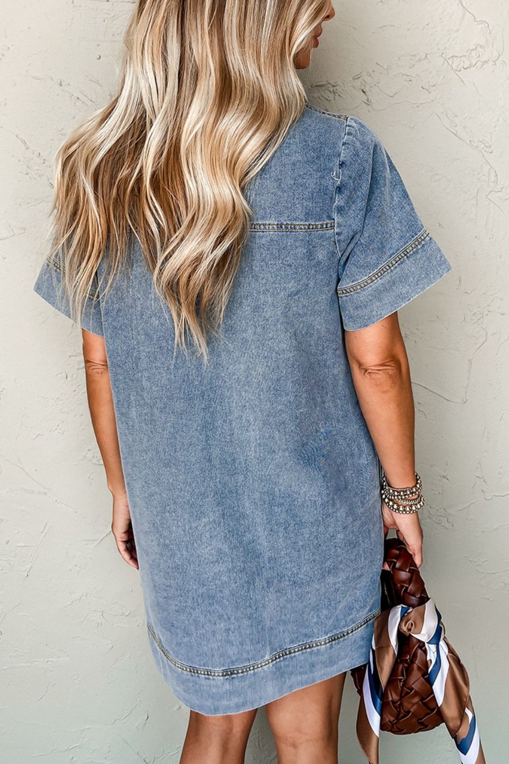 Short Sleeve Collared Patched Pocket Denim Mini Dress