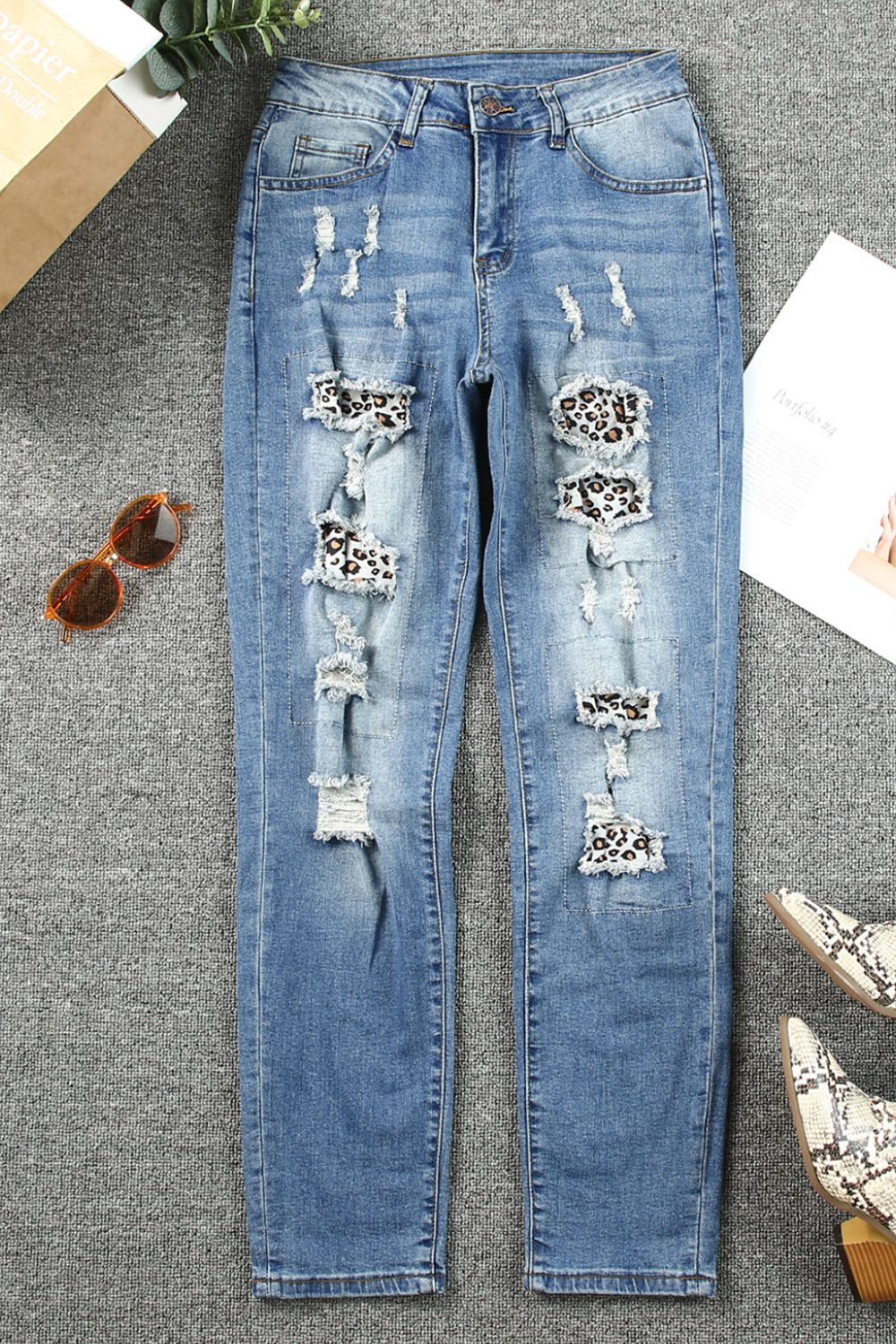 Leopard Distressed Pocketed Straight Jeans Hauptbild