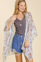 Umgee Full Size Sheer Mixed Print Kimono with Side Slit Plus Size