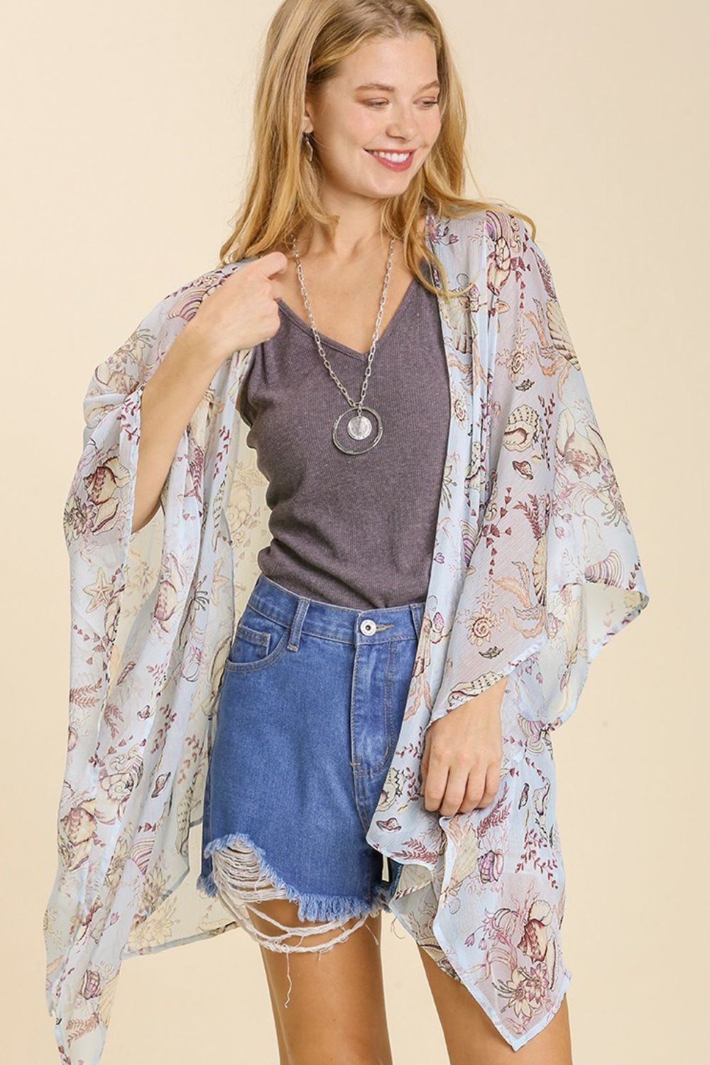 Umgee Full Size Sheer Mixed Print Kimono with Side Slit Plus Size - felvior