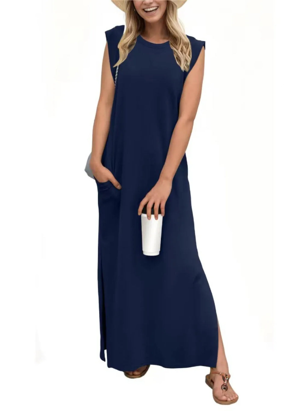 Full Size Slit Round Neck Sleeveless Maxi Tank Dress Plus Size
