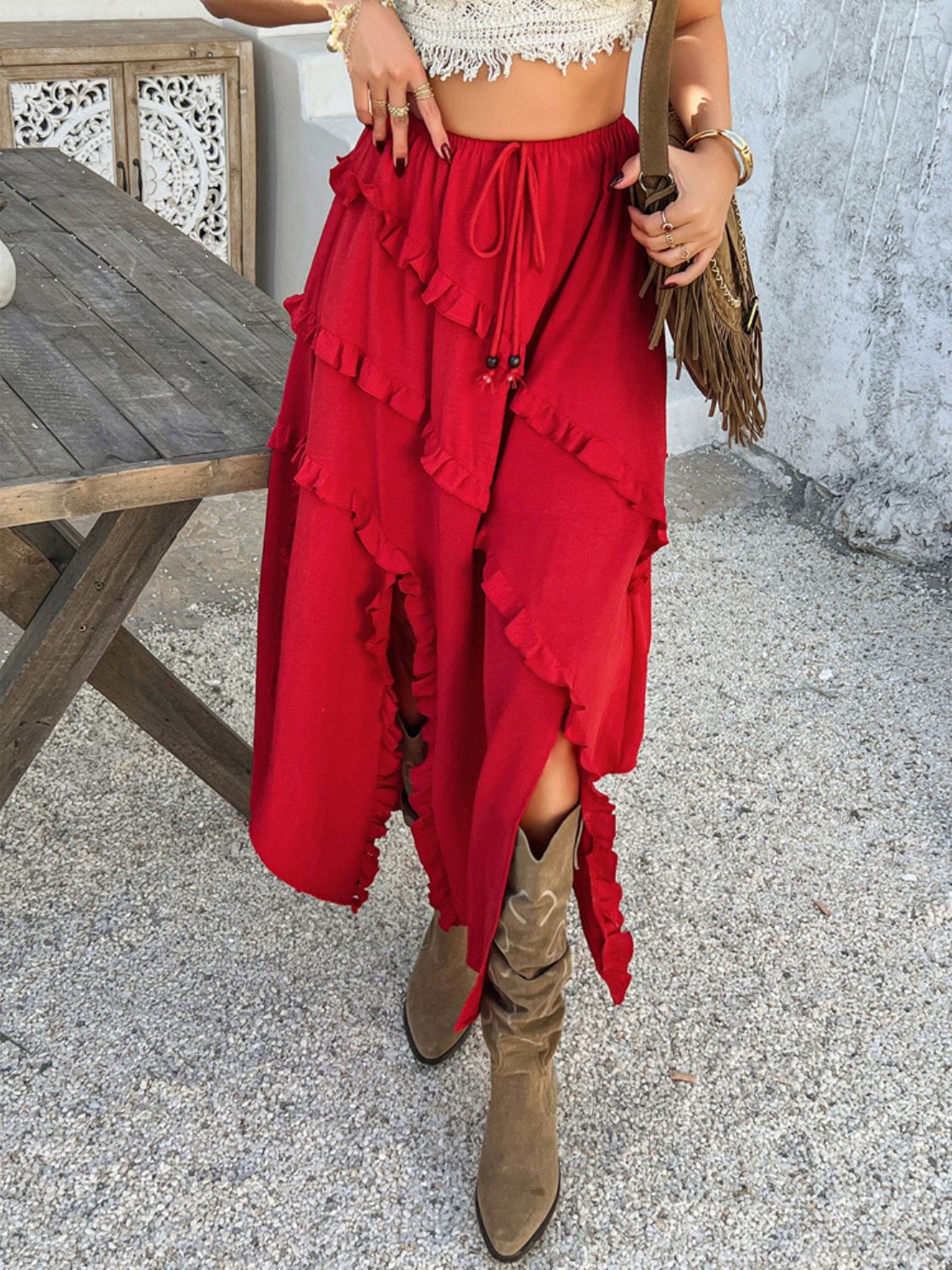 Devine Slit Drawstring Ruffled Skirt - felvior