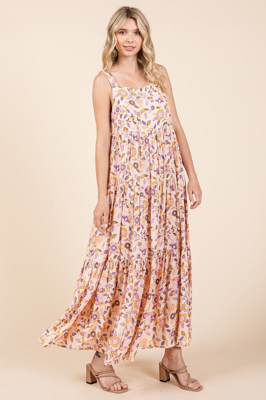 Mittoshop Flower Print Tiered Sleeveless Empire Maxi Dress - felvior