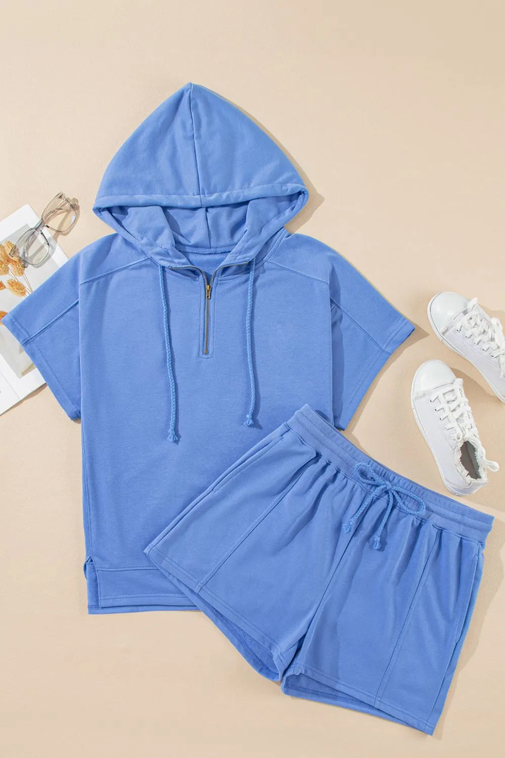 Drawstring Zipped Short Sleeve Hoodie and Shorts Set