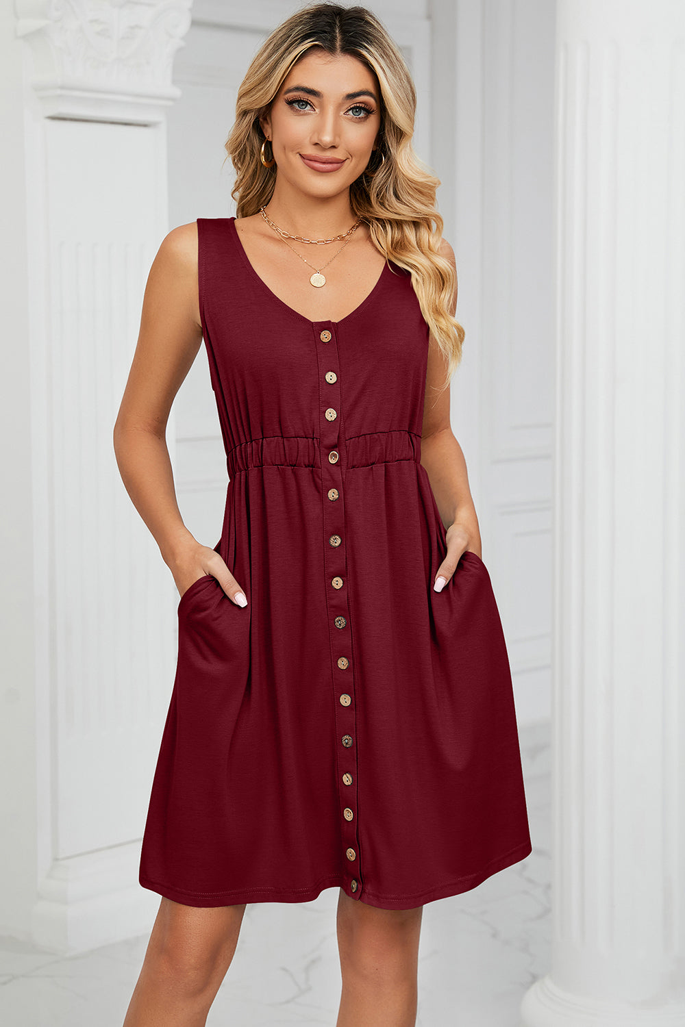 Buttoned Wide Strap Mini Dress - felvior