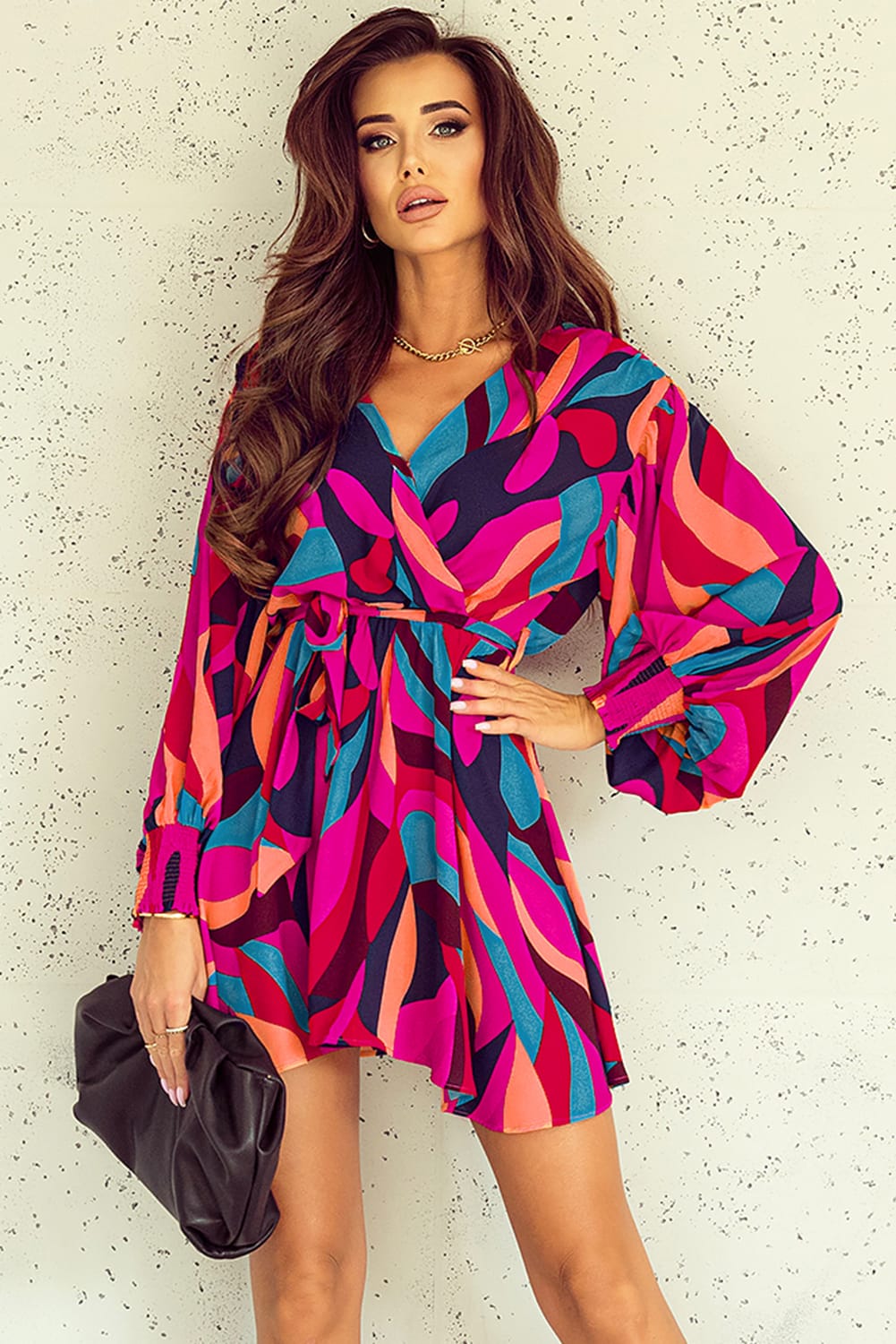Printed Surplice Neck Tie Waist Dress - felvior