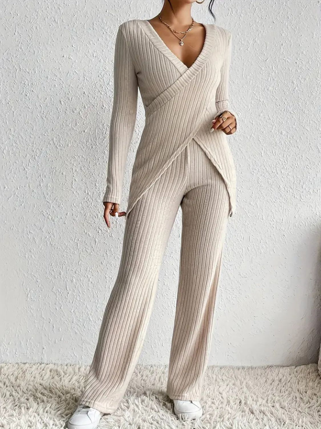 Surplice Long Sleeve Top and Pants Set