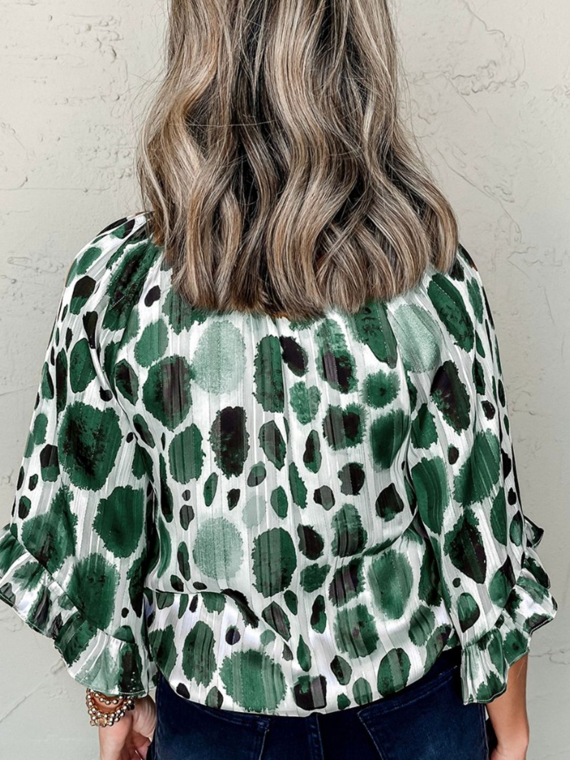 Printed Tie Neck Three-Quarter Sleeve Blouse - felvior