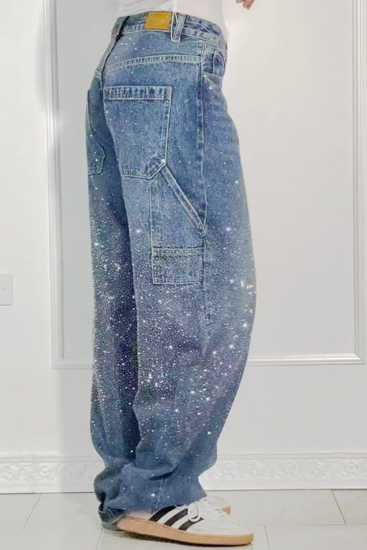 Full Size Washed Rhinestone Detail Wide leg Jeans Plus Size - felvior