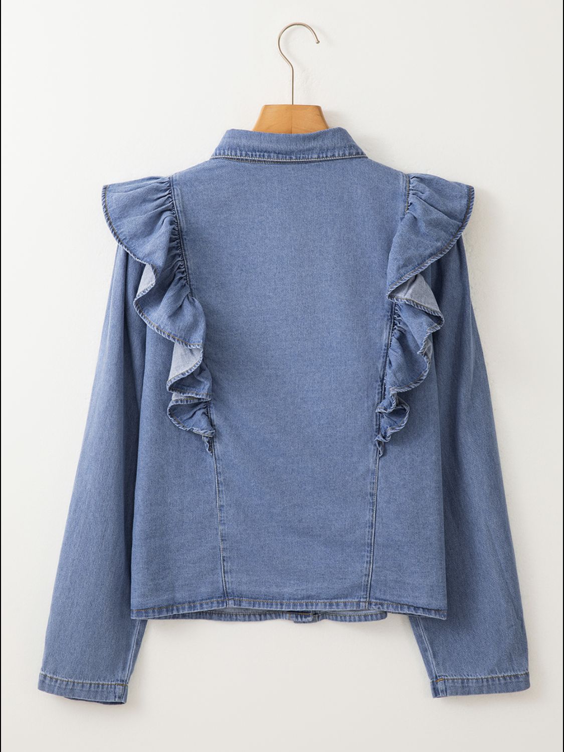 Ruffled Collared Neck Long Sleeve Denim Top - felvior