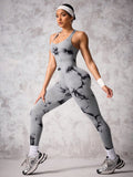 Back Crisscross Tie-Dye Scoop Neck Active Jumpsuit - felvior