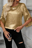 Metallic Luster Round Neck Frill 3/4 Sleeve Blouse - felvior