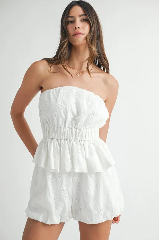 MABLE Floral Eyelet Lace Tube Top and Short Set - felvior