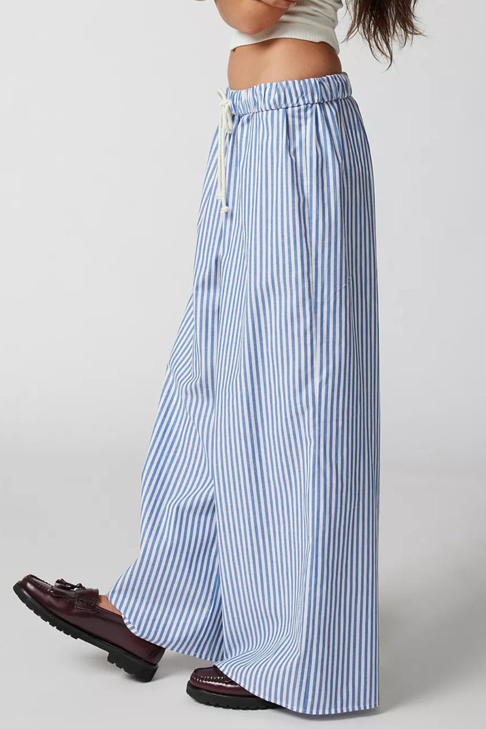 Drawstring Striped Wide Leg Pants - felvior