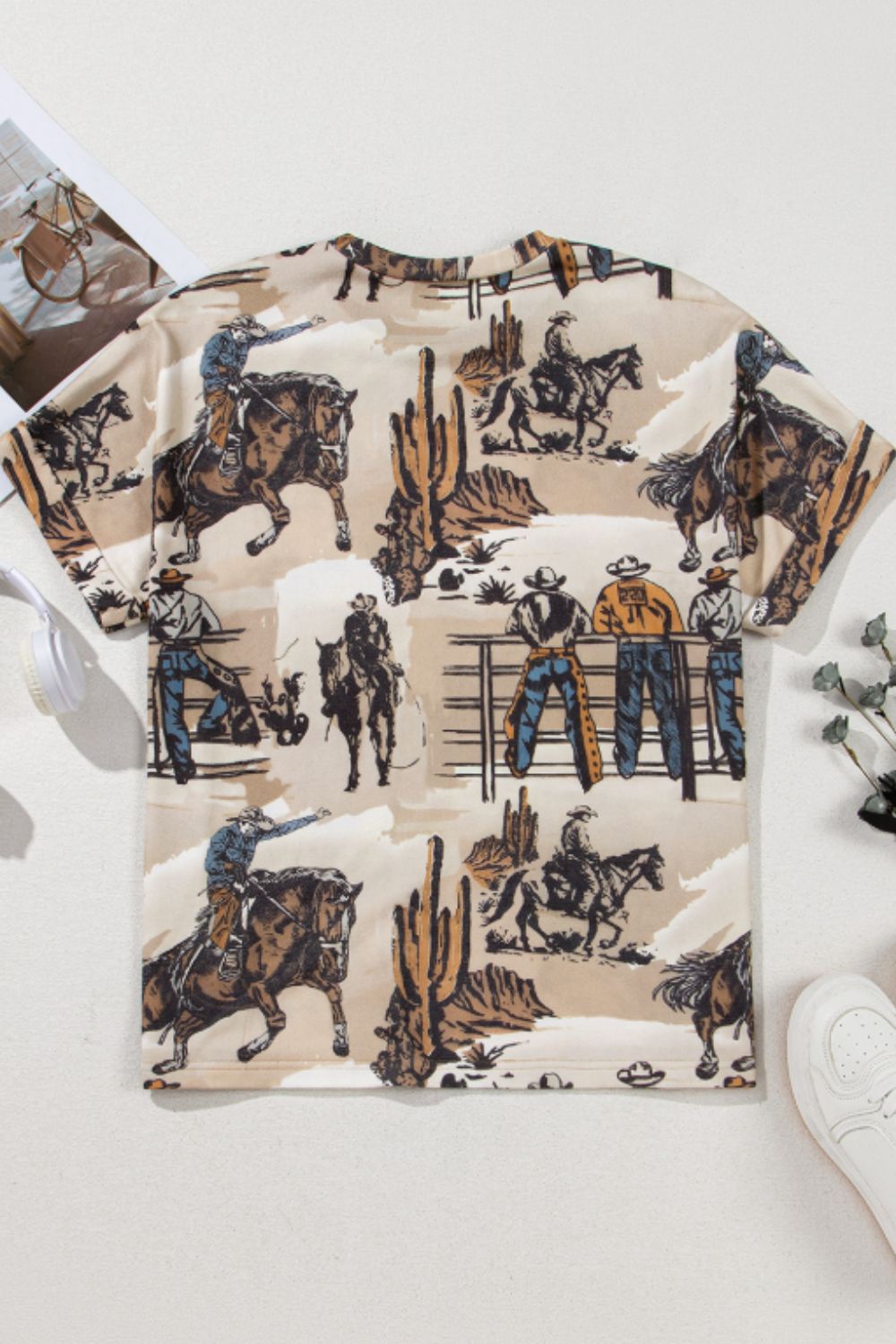 Cowboy Print Round Neck Short Sleeve T Shirt