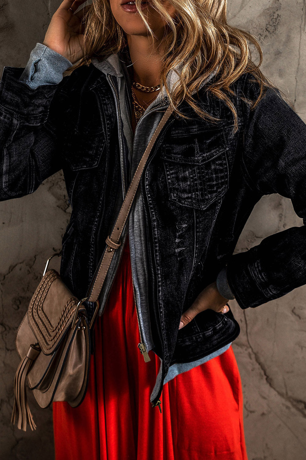 Fake Two-Piece Hooded Zip-Up Denim Jacket - felvior