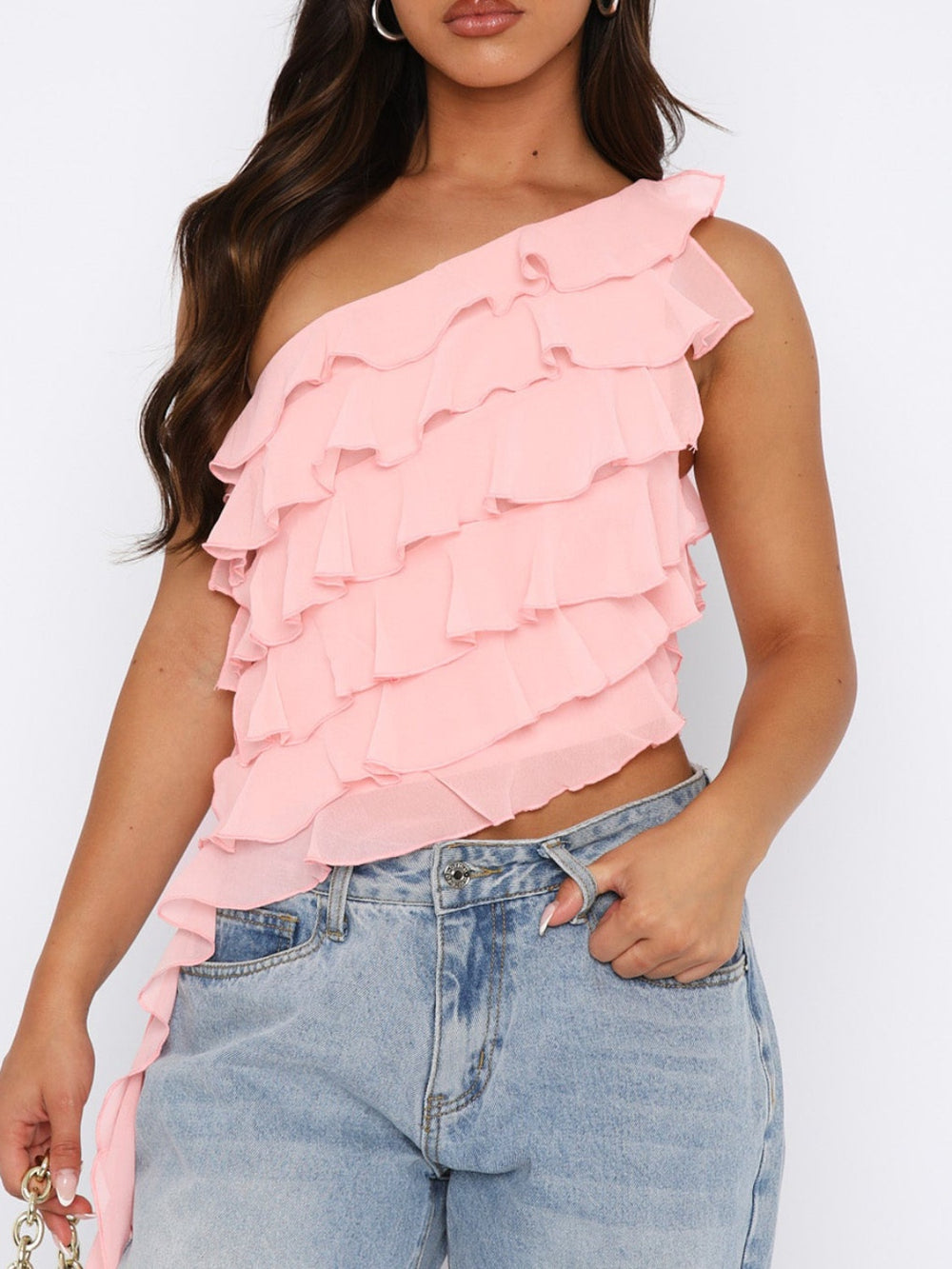 Layered Ruffled One Shoulder Tank - felvior