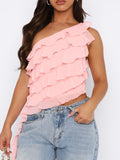 Layered Ruffled One Shoulder Tank - felvior