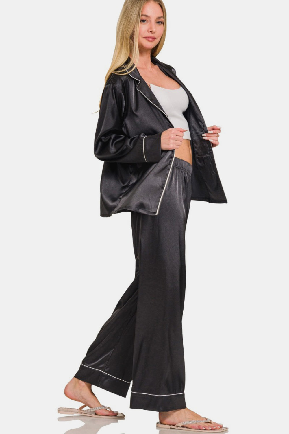 Zenana Satin Long Sleeve Shirt and Pants Pajama Set Zweitbild
