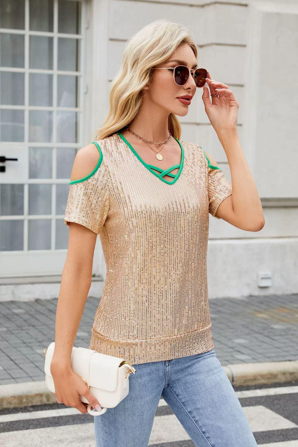 Sequin Crisscross V-Neck Cold Shoulder Blouse - felvior