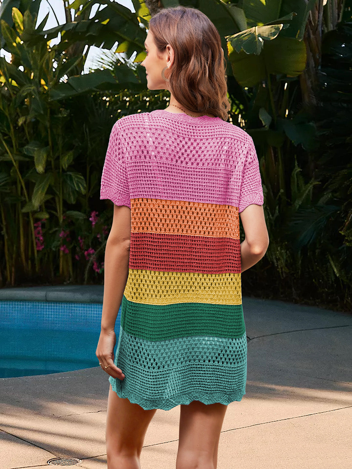 Openwork Round Neck Short Sleeve Cover-UP - felvior