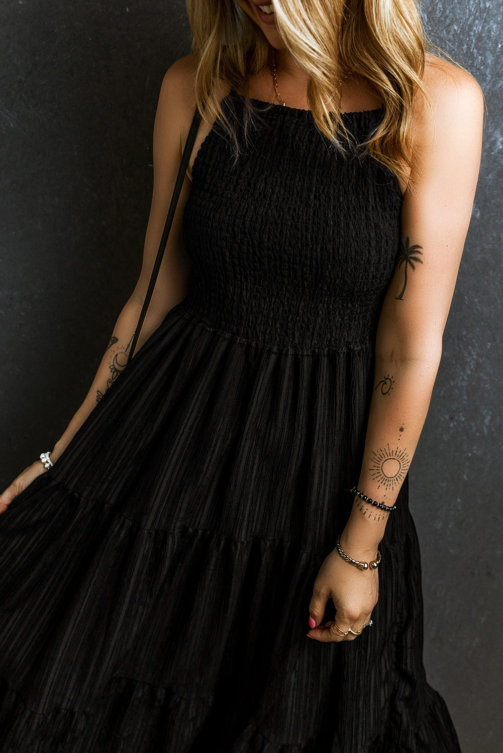 Smocked Tiered Spaghetti Strap Dress - felvior