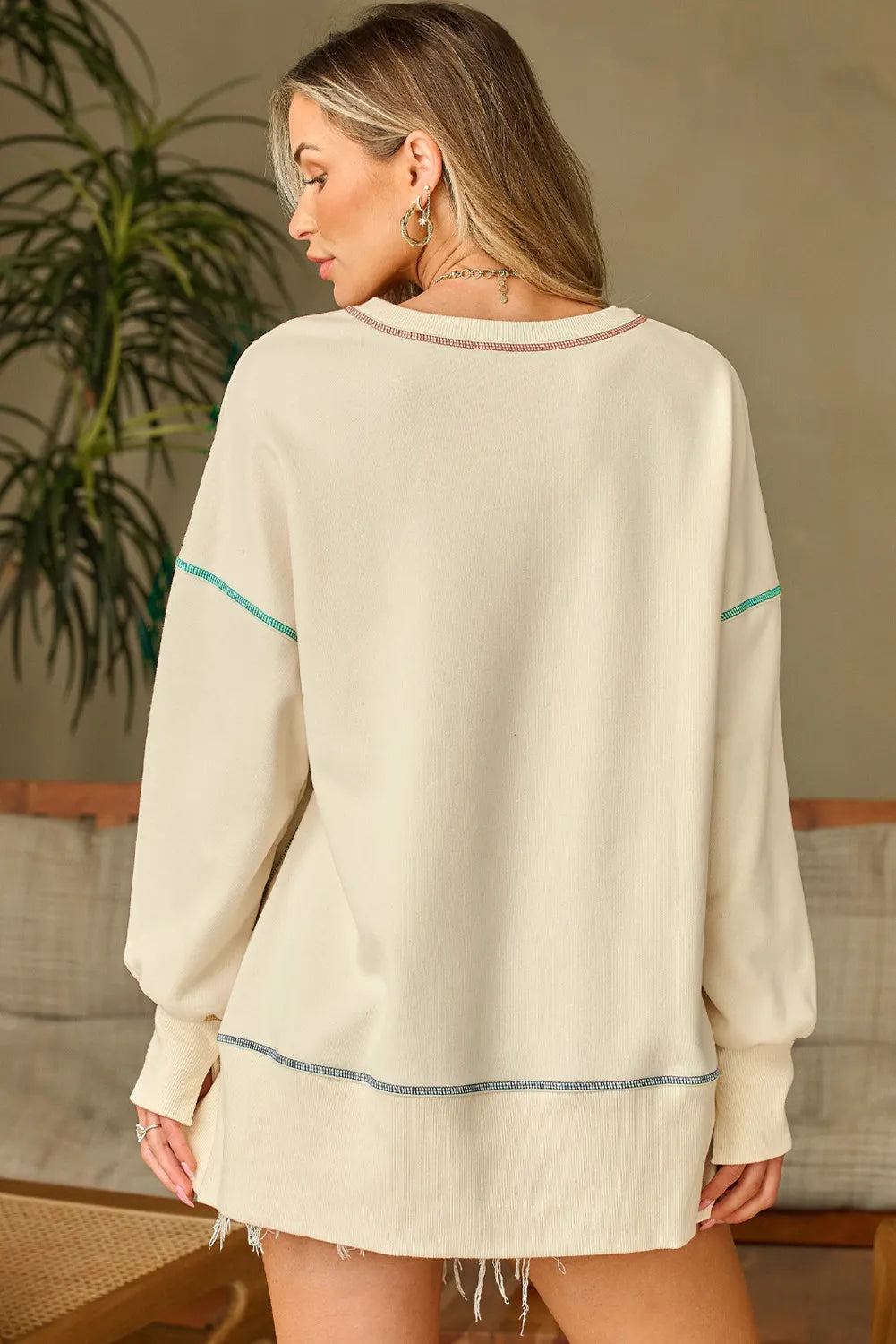 High-Low Contrast Stitching Round Neck Sweatshirt - felvior