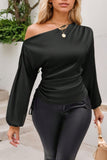 Drawstring One Shoulder Long Sleeve Blouse - felvior