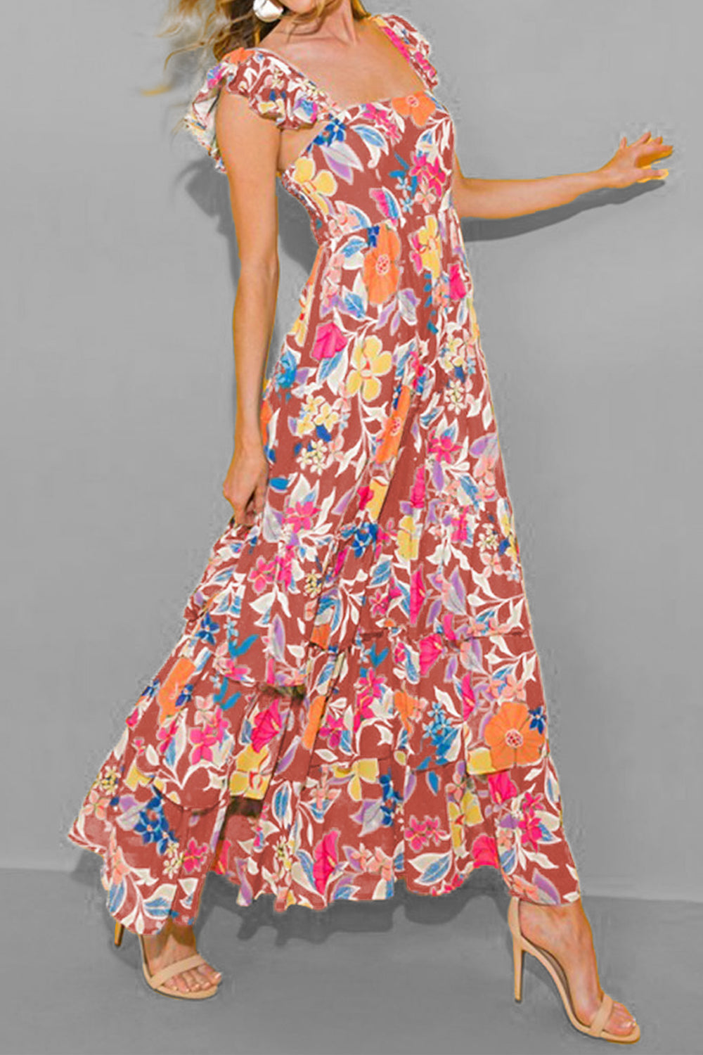 Tiered Ruffled Printed Sleeveless Dress - felvior