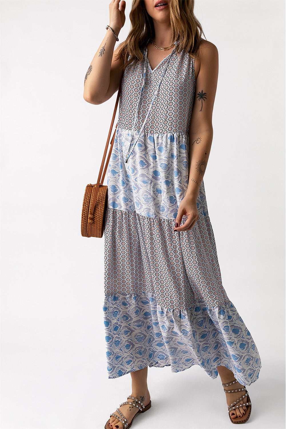 Mixed Print Tie-Neck Sleeveless Maxi Dress - felvior