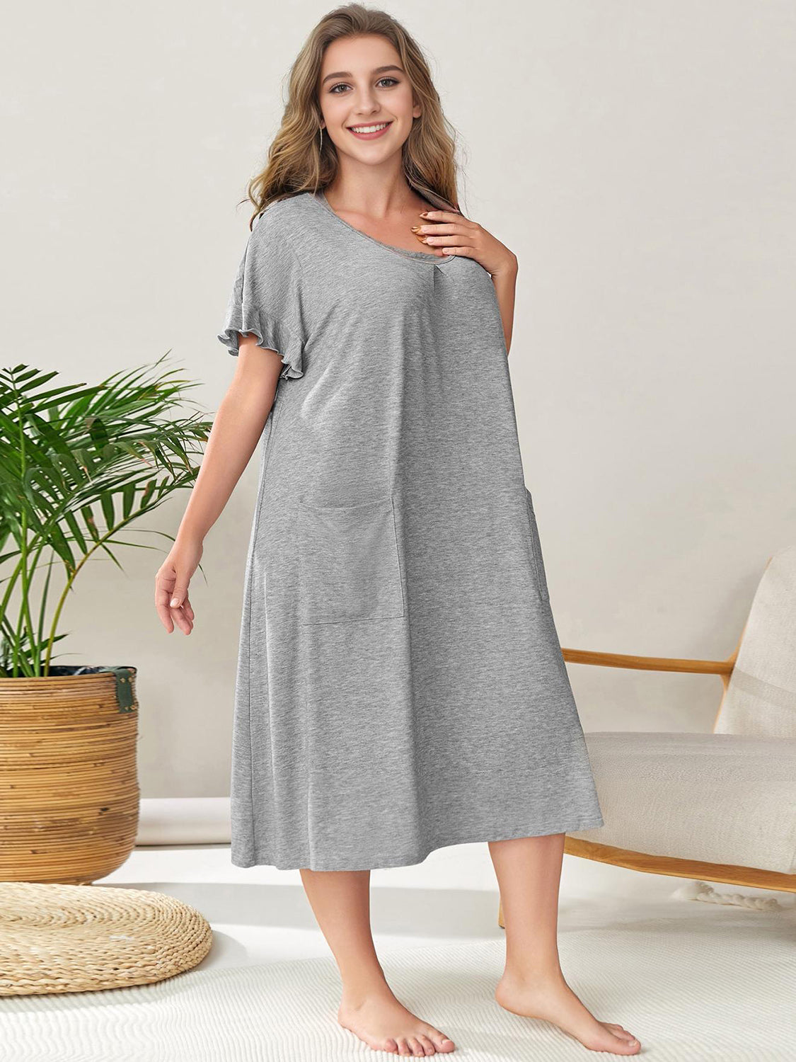 Plus Size Round Neck Short Sleeve Lounge Dress - felvior