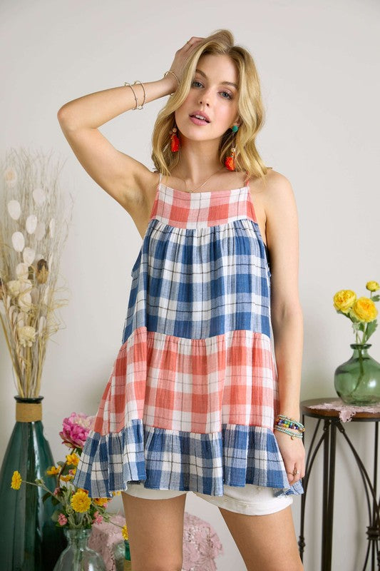 ADORA Plaid Tiered Babydoll Cami - felvior