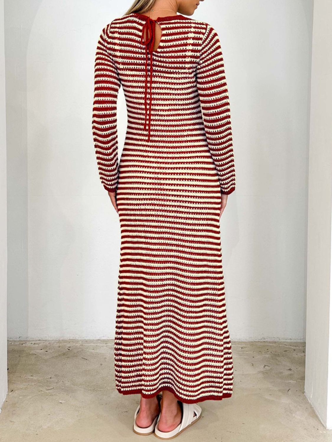 Devine Tied Round Neck Striped Sweater Dress - felvior