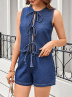 Tie Front Sleeveless Top and Shorts Denim Set