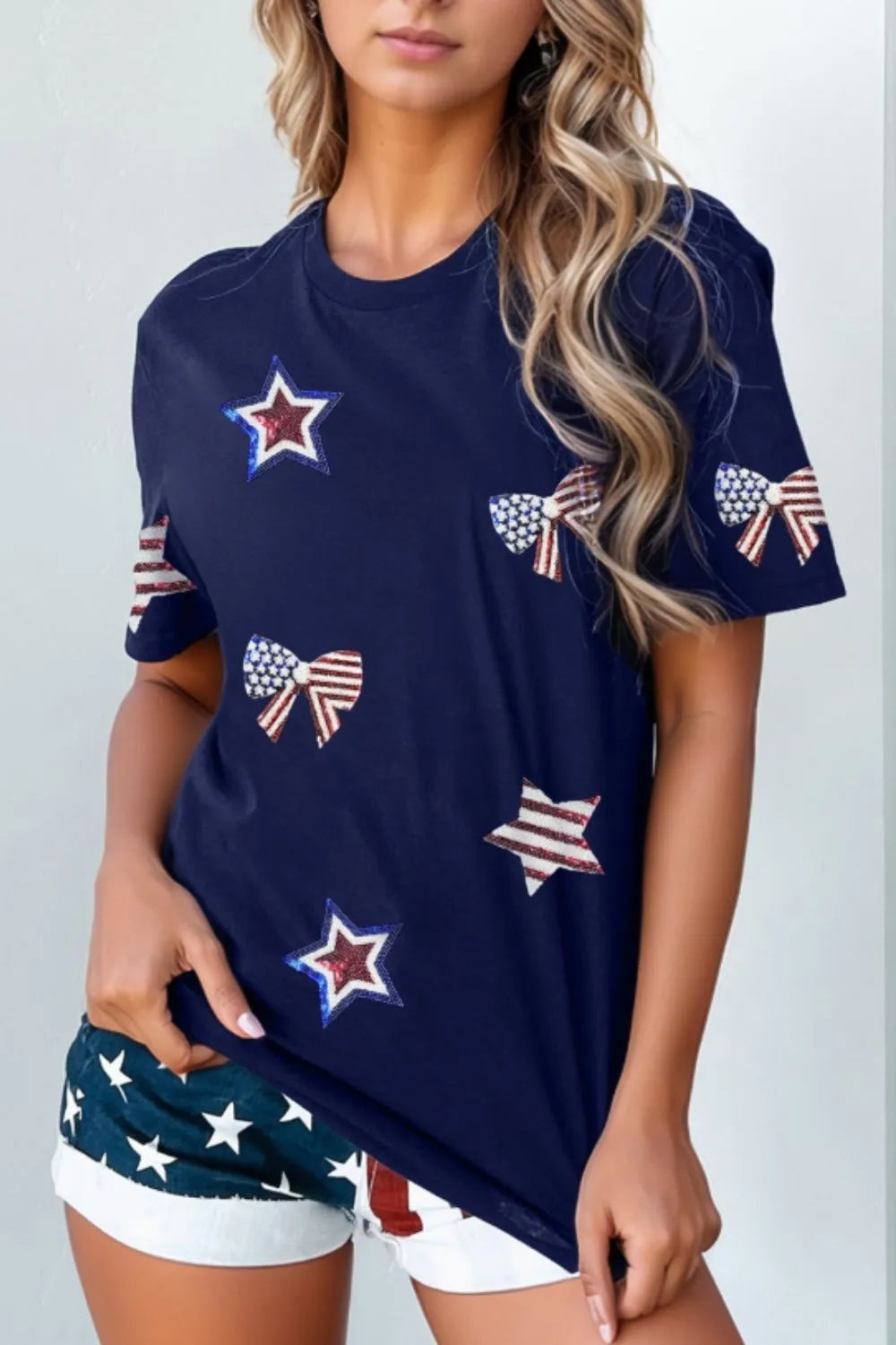 Sequin Star Round Neck Short Sleeve T-Shirt