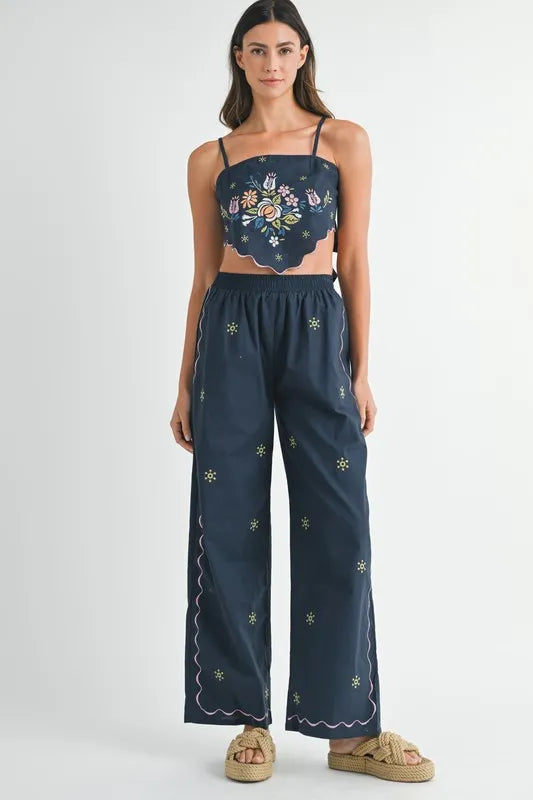 MABLE Linen Embroidered Scarf Top and Pants Set - felvior