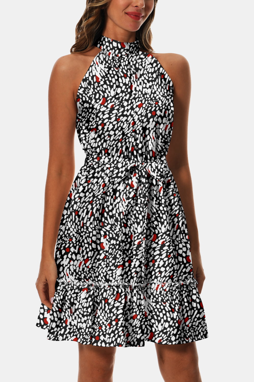 Printed Tie Waist Frill Trim Dress - felvior