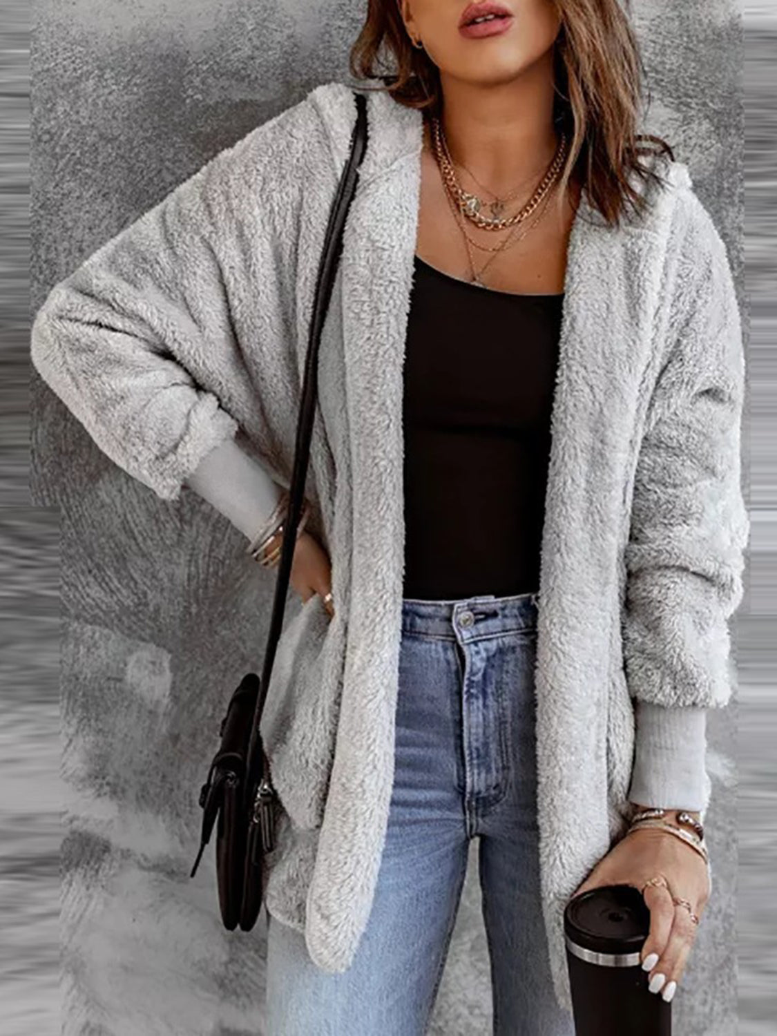 Open Front Hooded Faux Fur Outwear with Pockets Hauptbild