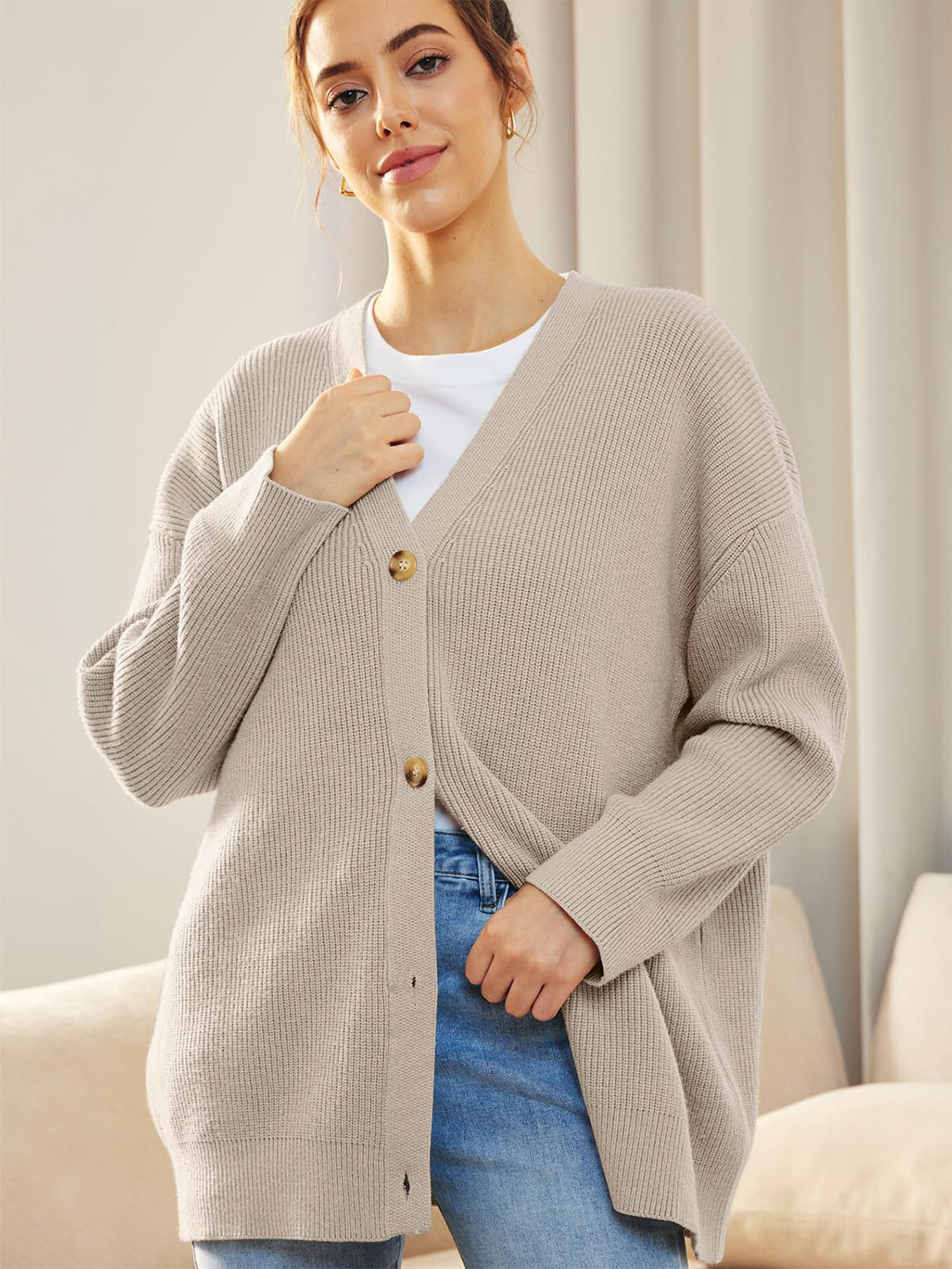 Button Down V-Neck Long Sleeve Cardigan - felvior