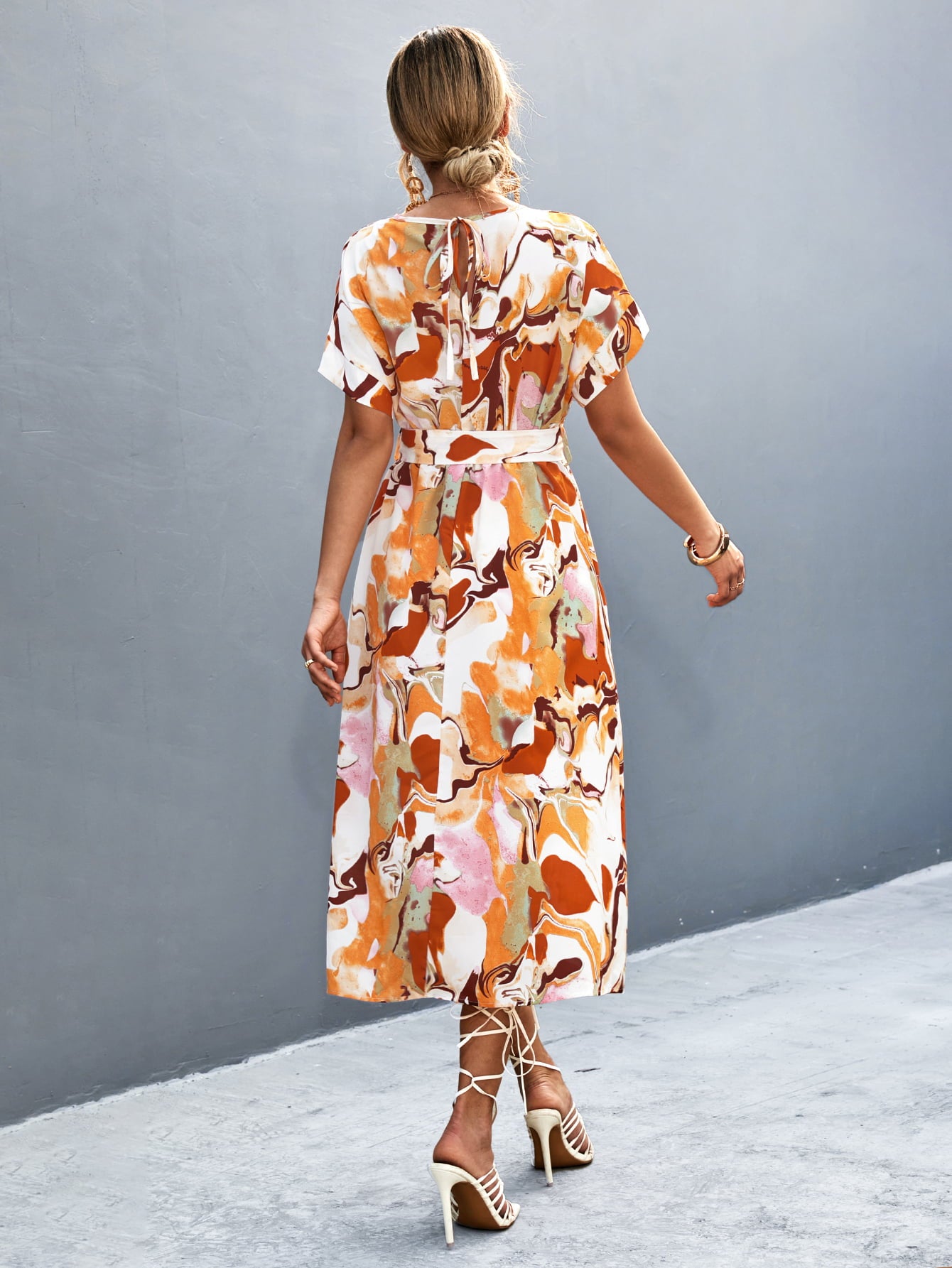 Round Neck Short Sleeve Tie Waist Midi Dress - felvior