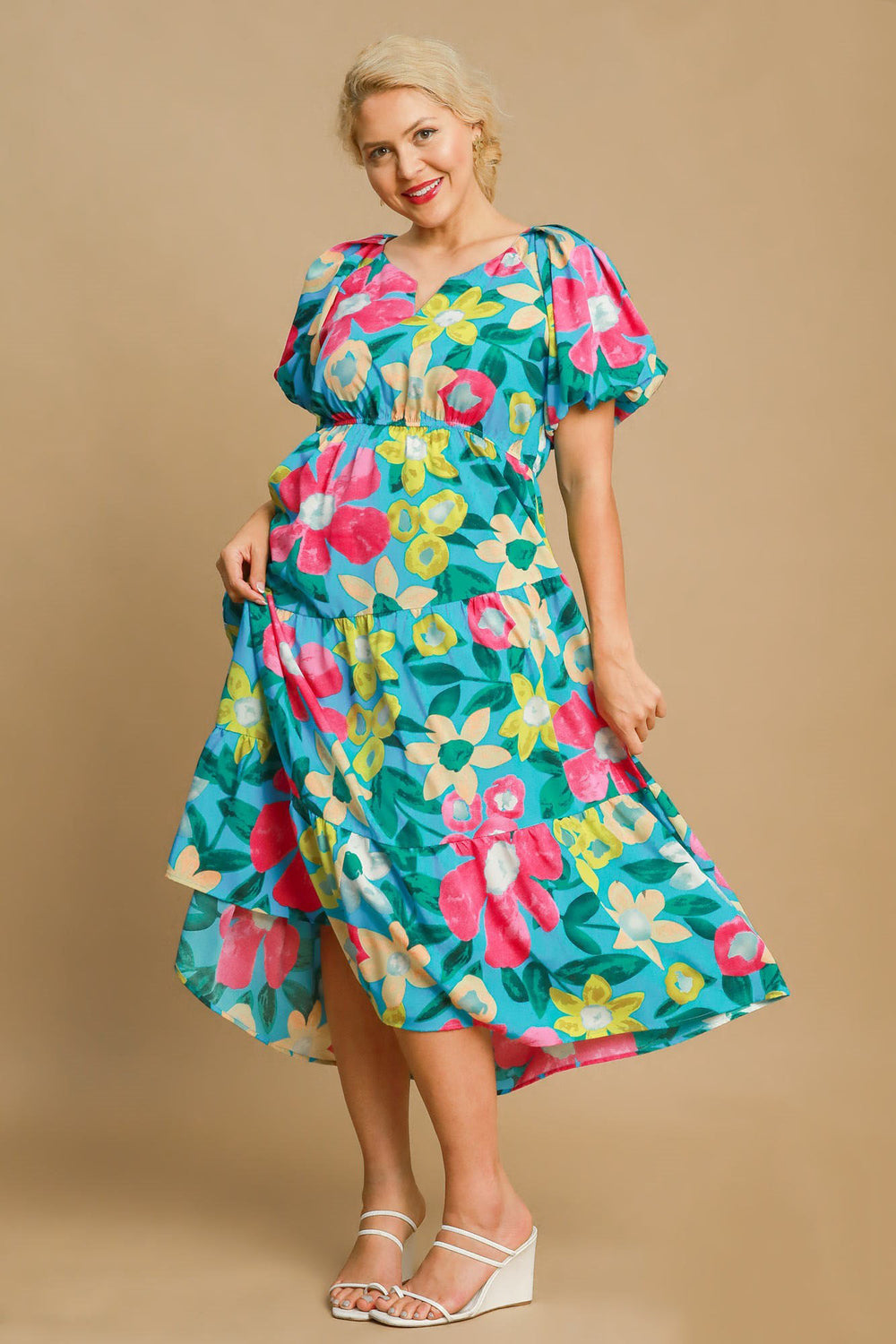 Umgee Full Size Tiered Floral Print Notched Puff Sleeve Midi Dress Plus Size