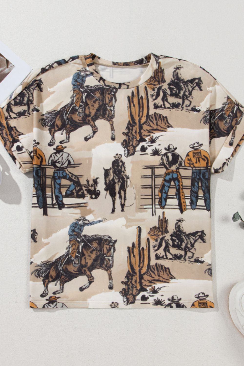 Cowboy Print Round Neck Short Sleeve T Shirt