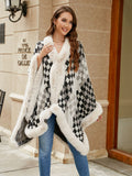 Checkered Faux Fur Trim Poncho - felvior