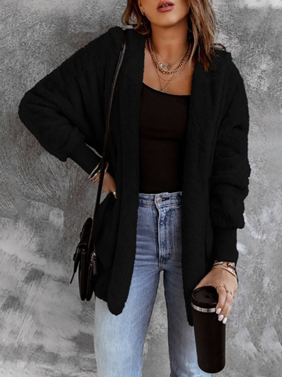 Open Front Hooded Faux Fur Outwear with Pockets - felvior