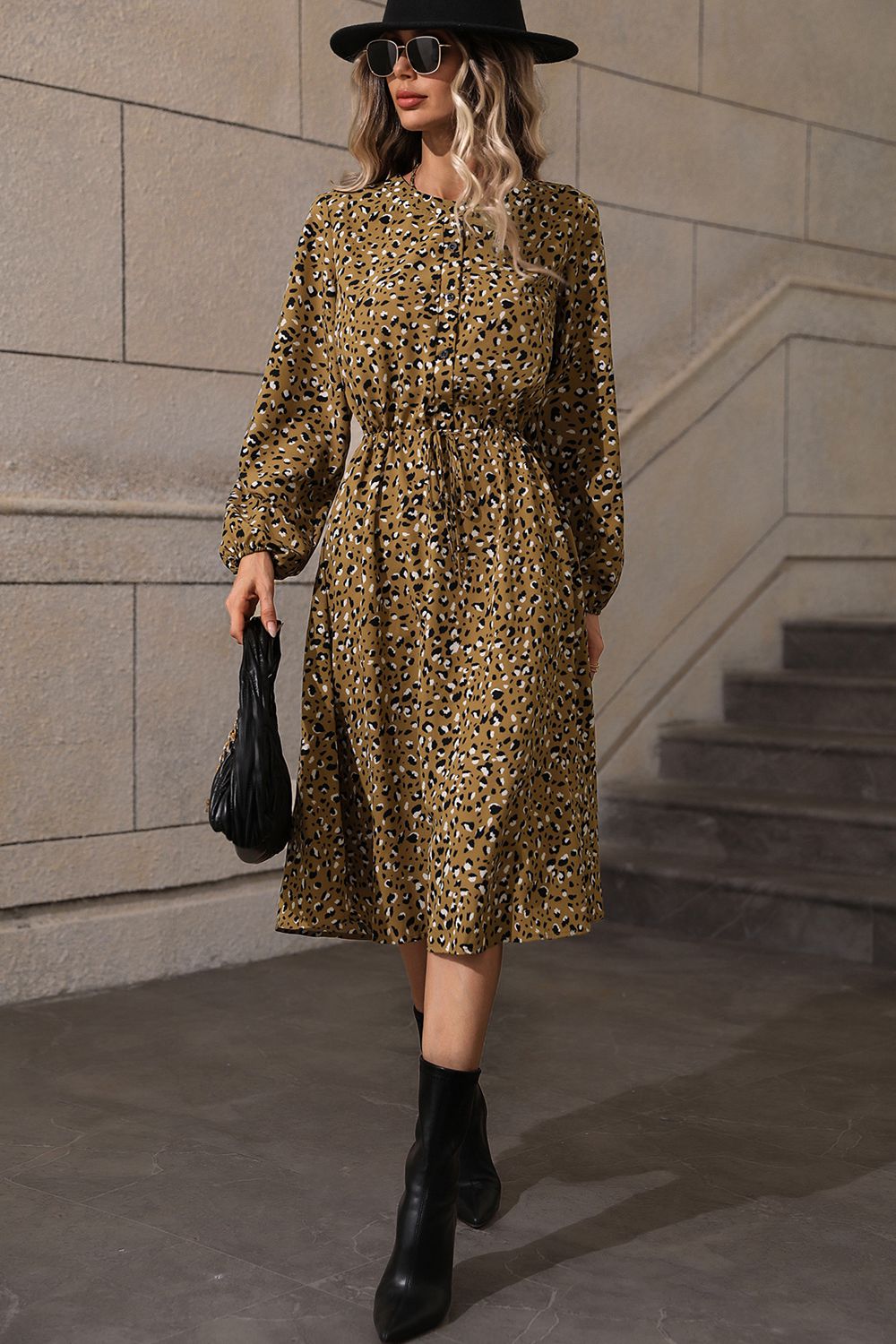 Honey Printed Long Sleeve Midi Dress - felvior