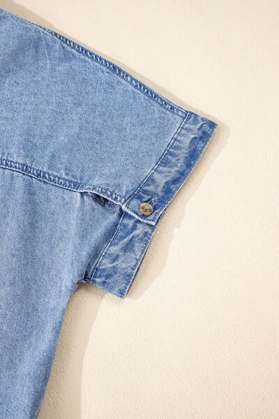 Button Down Short Sleeve Denim Dress - felvior