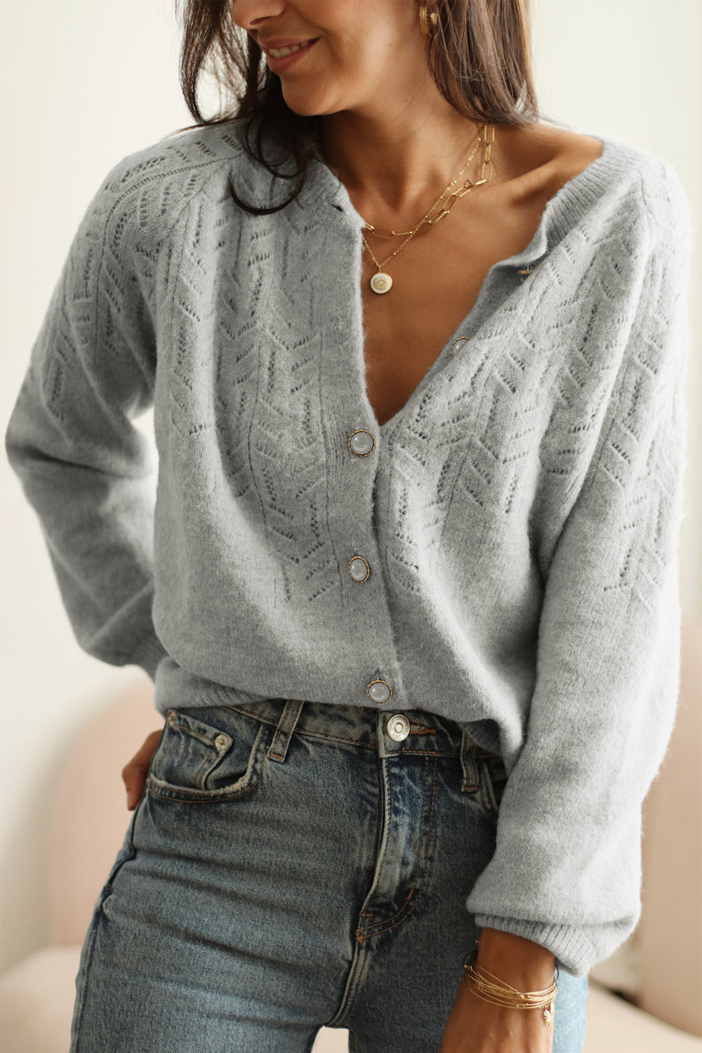 Openwork Button Down Long Sleeve Cardigan - felvior