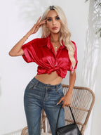 Button Down Collared Neck Short Sleeve Satin Shirt