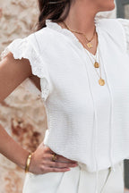 Ruffled Tie Neck Cap Sleeve Blouse